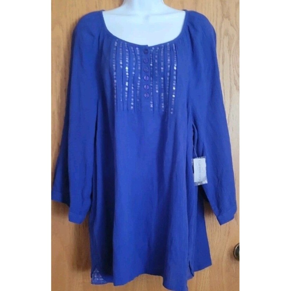 Catherines OX 14-16W Blue Tunic Beaded Scoop Neck Pleats 3/4 Sleeve NWT